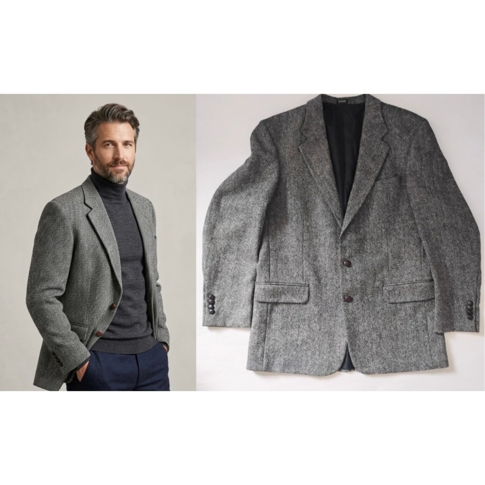Vintage Andhurst Blazer Mens 42L Grey Herringbone 100% Wool 2-Button Sport Coat